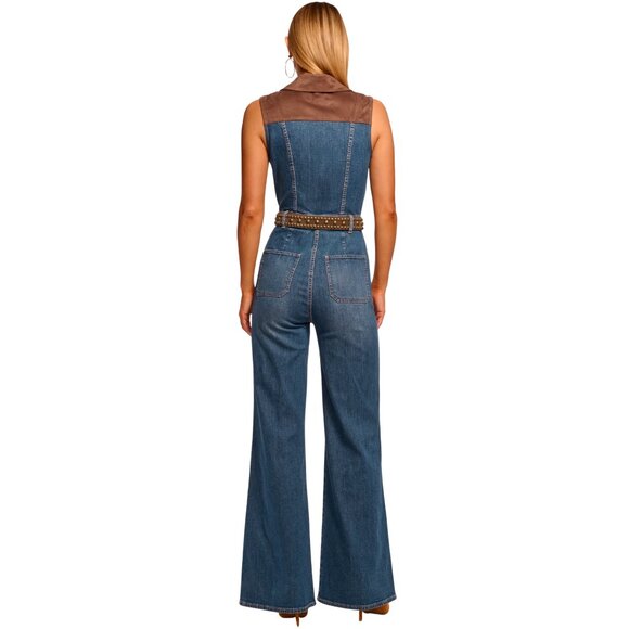 777. RAMY BROOK Claudette Fauxe Suede Trim Denim Jumpsuit Wide Leg $545 - Picture 3 of 5